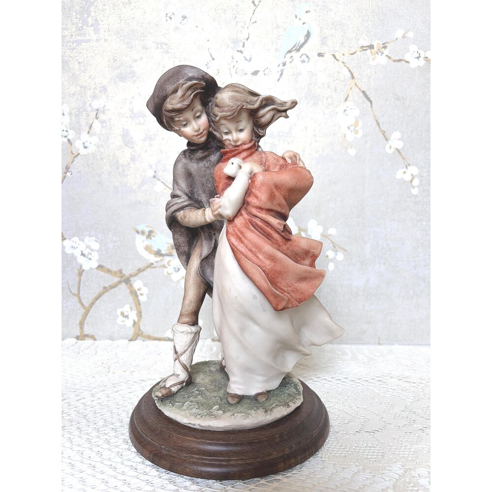 VTG Giuseppe Armani Boy and Girl with Lamb Figurine Statue on Wood Base
